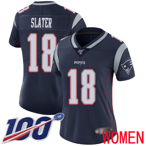 New England Patriots Football #18 100th Limited Navy Blue Women Matthew Slater Home NFL Jersey